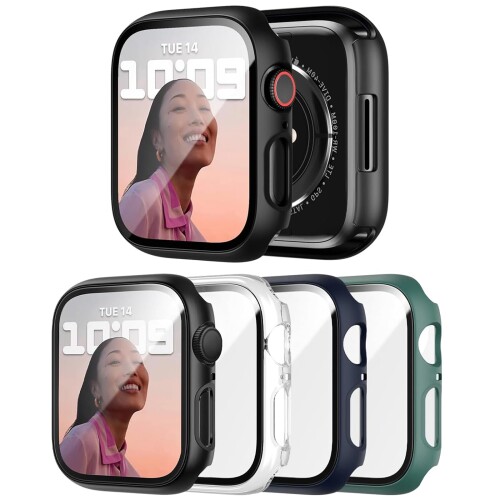 Apple Watch 用 ケース Series 9/8/7/SE/6/5/4/3/2/1 アップルウォッチ保護カバー 強化ガラス 一体型 PC素材 全面保護 超薄型 耐衝撃 高耐久 高透過率 指紋防止 傷防止 防水 装着簡単 (ブラック/クリ