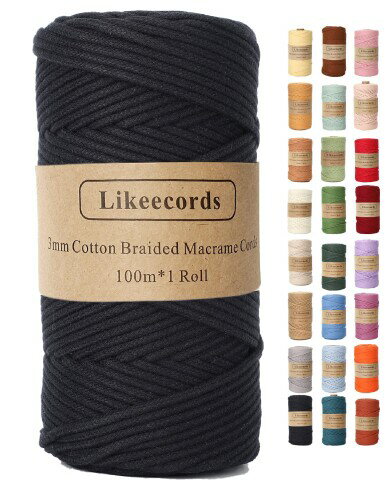 Likeecords マクラメロープ 紐 糸 ナチュラルコットン3mm x100m,100%天然染料使用 (ブラック)