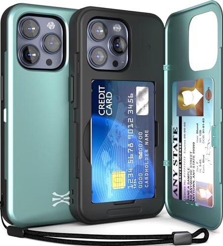 TORU CX SLIM iPhone 15 Pro Max ケース カード背面収納 | 隠れた 手帳型 3枚 カード | 2重構造 耐衝撃 IC カード ポケット パススリム カバー (ストラップ, ミラー 含ま) - ミッドナイトグリーン