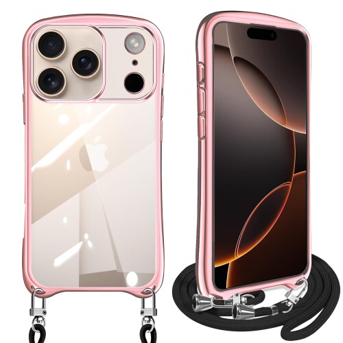 Heart - iPhone 17 Pro Max 用 ケース ショルダー クリア アイフォン17 Pro Max カバー スマホケース 耐衝撃 透明 TPU ストラップ付き 肩掛け 首掛け 紐付き 斜めがけ 取り外し可能 長さ調整可能(ローズゴ