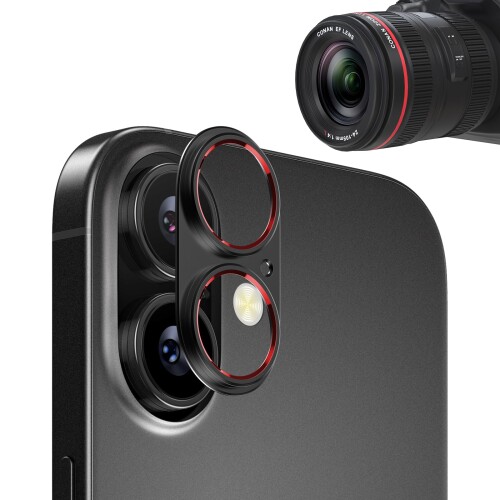 iPhone 17/16 対応 カメラレンズ保護用 レッドリング・ガラスなし仕様 アルミニウム合金レンズフレーム, ブラック
