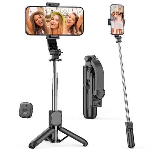 MIni自撮り棒、伸縮式モバイル三脚、取り外し可能リモコンと携帯スタンド付き、携帯スマートフォン三脚スタンド360°回転携帯旅行脚、Iphone 16/15/14/13/Android対応