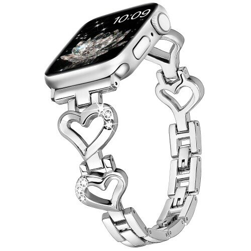 互換 アップルウォッチバンド Apple Watch バンド ハートの形 ダイヤモンド付き 金属ベルト iWatch series 10/9/8/SE/7/6/5/4/3/2/1対応 女性向け プレゼント 調節可能（シルバー、46mm/45mm/44mm/42mm Series