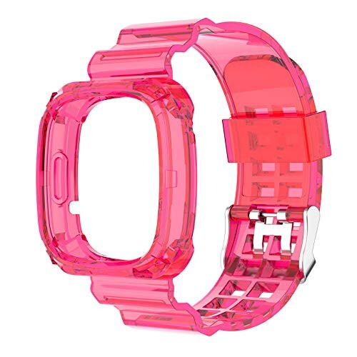 Fitbit用 Sense / Versa3用 バンド フィットビット用 Sense/Versa 3用 交換用ベルト 一体型ケースとバンド ストラップ シリコン製 柔らかい スポーツ 耐衝撃 防汗 調整可能 半透明 6色可選（ローズ