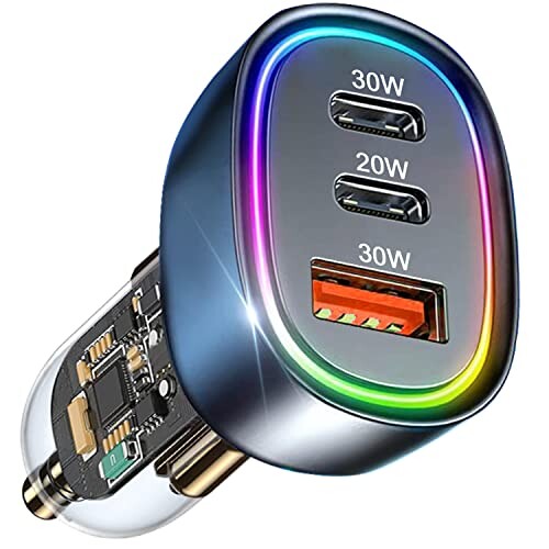 シガーソケット USB & USB C 車用急速充電器Type C カーチャージャー 金属製 超小型 12V/24V車対応 7色RGBライト付き しがーソケット USB 車載充電器 iPhone 15 14 13 12 Pro Max XS iPad Samsung Sony Pixel Switch