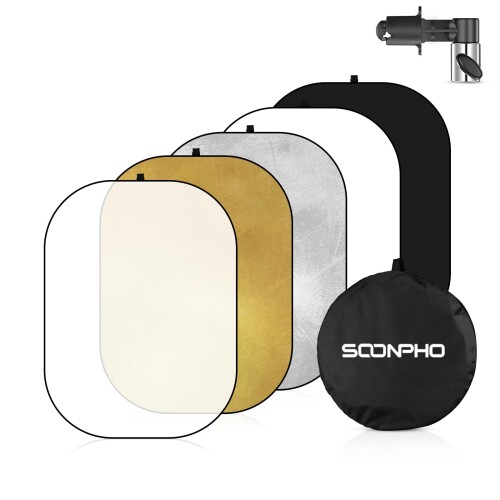 SOONPHO 5 in 1楕円レフ板 撮影用 レフ板 100x150cm 背景布 ポートレート撮影 スタジオレフ板 折りたたみ可能 クリップ付き 1枚5色変換可能（ゴールド/シルバー/ホワイト/ブラック/半透明）適