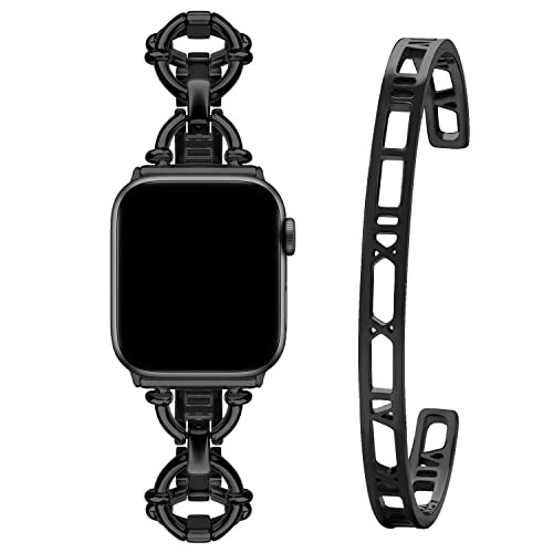 楽天まばし商店（wutwuk） コンパチブル メタル Apple Watch バンド Apple Watch Series 9/8/7/6/5/4/3/2/1/SE/SE2/Ultra ベルト 18Kゴールド メッキ ステンレススチール ローマ数字バングル セット レデイース＆ガールズ（42mm/