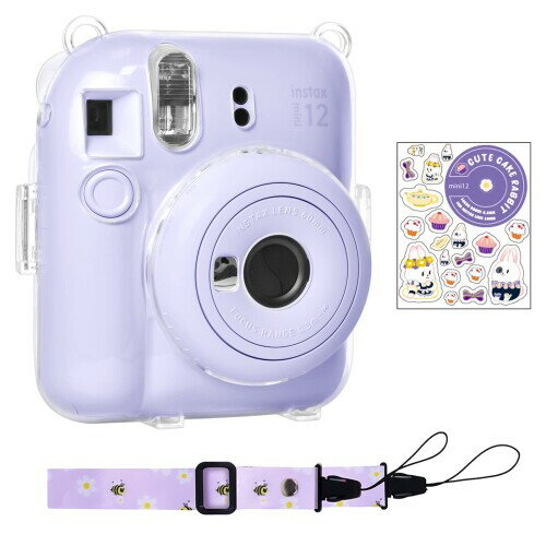 Rieibi instax mini 12 ケース、インスタックスミニ チェキ 12 カバー instax mini12 保護ケース ファイル収納ポケット付き ショルダーストラップ付き ステッカー付き（パープル)