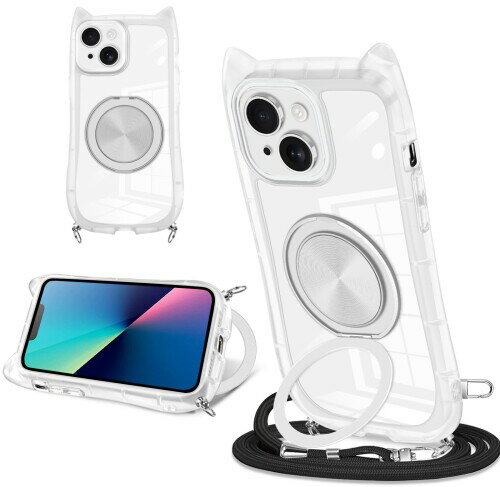 iPhone 13/14 用 スマホケース 猫耳デザイン シンプルでファッション 360° 回転スタンド付き iPhone 13/14 スマホケース 滑り止め 黄ばみ防止 全面的な保護 長さ調節可能なネックストラップ付