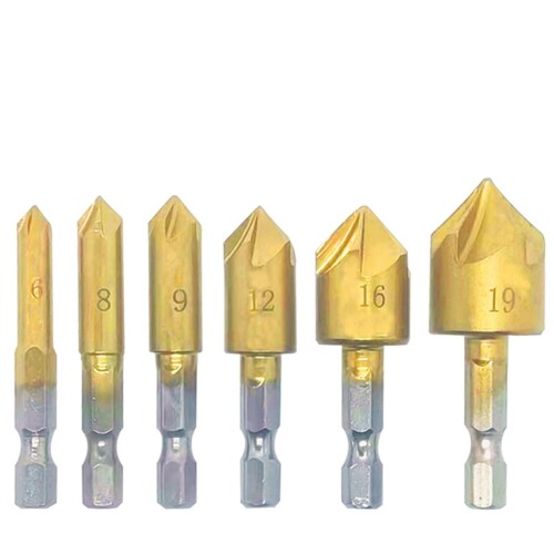 BRIIKPP 皿取り錐ドリルビット 6-19mm 六角軸 HSS鋼 チタンコーティング 5枚刃 6本セット 穴あけ/座ぐ..