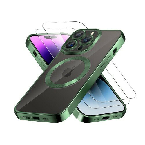 Casesmo (MagSafe対応) iPhone 14 Pro 用 ケース (カメラフイルムを贈) (フィルムを贈 ) 透明 黄ばみなし マグネット搭載 耐衝撃 軽量 薄型 米軍MIL規格取得 アイフォン14プロカバー, グリーン