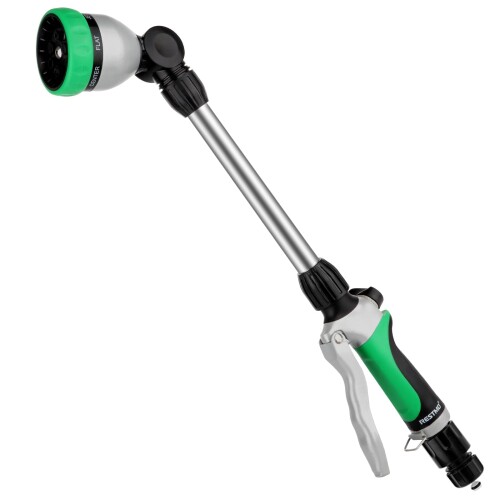 RESTMO 金属散水ワンド スプレーランス 頑丈なホースワンド 180°調節可能なラチェットヘッド 7つのスプレーパターン 延長ホースワンド 庭用スプレーガン 水掛けバスケット 流量コントロ