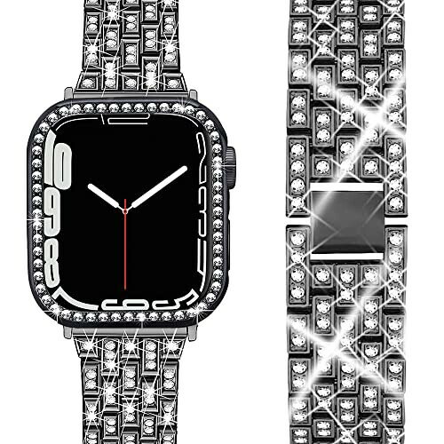 Miimall対応Apple Watch Series 8 45mm 2022 /7 45mm 2021用 ケース バント アップルウォッチ 8 45mm 交換バンド ラインストーン 光沢度高い お洒落 傷防止 超簿軽量 PC材質ケース 高級ステンレスバンド Ap