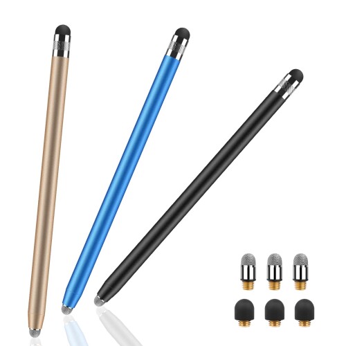 タッチペン Mixoo スタイラスペン 導電繊維製ペン先＆シリコンゴムペン先 2Wayモデル 3本セット 交換式 ペン先6個付き ipad iphone Androidスマートフォン タブレット対応 アルミ本体（黒＋青＋