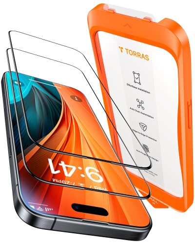 「米軍規格・貼り付け簡単」TORRAS iPhone15Plus 用 ガラスフィルム iPhone14ProMax 用 ガラスフィルム 宇宙航空材料 全面保護 6.7インチ アイフォン15プラス・14プロマックス 用 フィルム GlassGo Ultr