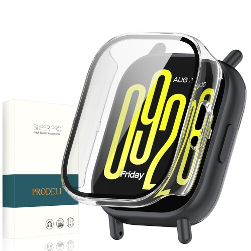 PRODELI For Redmi Watch 5 Lite 専用 ケース+ガラスフイルム PC+ガラス 高感度 一体型カバー 取り付け簡単 軽量 高透過率 キズ防止 redmi watch 5 lite 用 保護カバー（透明）
