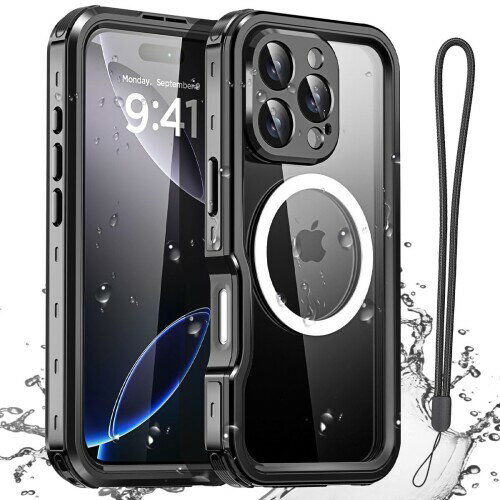AICase 防水ケース iPhone 16 Pro 対応 MagSafe 防雪、防塵、耐衝撃、IP68 認定 全身保護 完全密閉 水中カバー ブラック