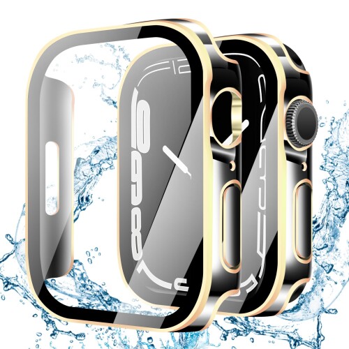 YUGYUG 対応 Apple Watch ケース Series SE3/SE2/SE/6/5/4 アップルウォッチ ケース PC素材 IP68 防水 3D直角エッジデザイン 光沢式 アップルウォッチ カバー ガラスフィルム 一体型 日本旭硝子材 二重