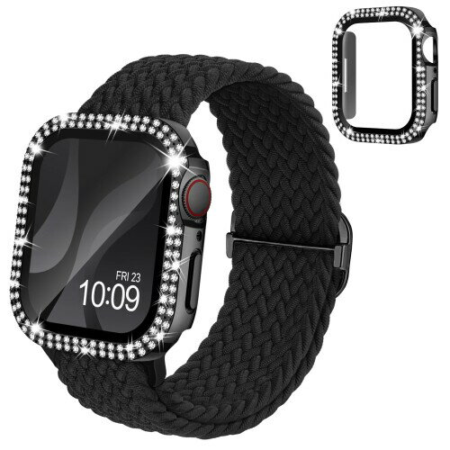 (Missair) コンパチブル Apple Watch バンド ナイロン アップルウォッチ バンド 編み込み ゴム キラキラ カバー付き ダイヤモンド 互換用のApple Watch ベルトとケース 一体型 全面保護 オシャレ