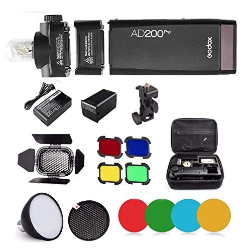 Godox AD200Pro キット200W 2.4Gフラッシュストロボ、1/8000 HSS、500フルパワーフラッシュ、0.01～2.1秒リサイクル、2900mAhバッテリー、裸電球/スピードライトフレネルフラッシュヘッド