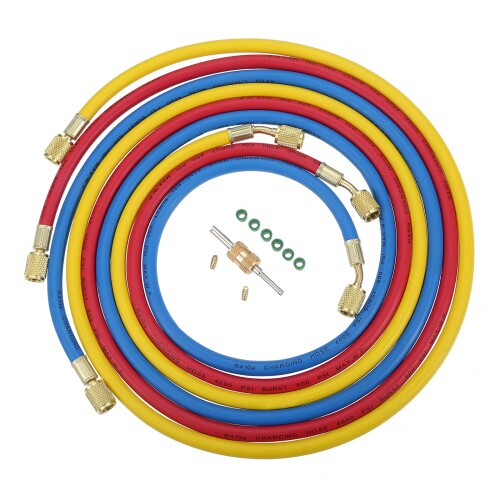 HZ-MONSTAR チャージホース 長180cm 3本セット 1/4”SAE接続口径 冷媒充填 冷媒回収 マニホールドゲージ用 チャージングホース 赤青黄三色各1本 エアコン メンテナンス ツール ムシドライバー1