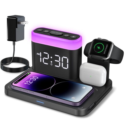 ANJANK 3in1急速ワイヤレス充電器｜目覚まし時計付き＆7色ナイトライト付き, MagSafe対応ワイヤレス充電スタンド 同時にiPhone17/16/15/14/13/12 Pro/ProMax/Plus/Apple Watch/AirPodsに対応, デジタル置き時計 0〜100％手動調光 卓上・寝室用 Qi認証 アダプター付属（ブラック） 【5in1多機能 MagSafe対応 ワイヤレス充電ステーション】 iPhone/Apple Watch/AirPodsを同時に充電できるMagSafe対応の多機能ワイヤレス充電ステーションで、7色切替可能なナイトライトとアラーム付きデジタル時計も一体化されています。充電器/ライト/目覚まし時計を別々に用意する必要がなく、デスクやベッドサイドの配線を減らして空間をすっきり整えることができます。ケーブルを使わず、スマートフォンを置くだけで充電が自動的に開始されます。シンプルな外観は寝室やナイトテーブルのインテリアにも自然に調和します。 【幅広い互換性と急速充電に対応】 付属の18W急速充電アダプターにより、iPhoneやApple Watch、AirPodsなど複数のデバイスを安定かつ効率的にワイヤレス充電可能。磁気式ワイヤレス充電ステーションは、iPhone 17/16/15/14/13/12/11/10/9/8 Pro・Pro Max/Plus/mini/X/XR/XS/XS Maxシリーズ、iWatch Ultra/Ultra 2/Ultra 3/11/10/9/8/7/6/5/4/3/2/SE/SE3、AirPods 1/2/3/4/Pro/Pro 2/Pro 3に対応しています。 【7色切替&明るさ無段階調整可能なLEDナイトライト】 7色(レッド/オレンジ/イエロー/グリーン/シアン/ブルー/パープル)に切り替え可能なLEDナイトライトを搭載。明るさは0〜100%の範囲でダイヤル調整でき、最小まで暗くするか、完全にオフにすることも可能です。暗所を怖がる方への安心な常夜灯として、読書中の目に優しいライトとして、また、就寝前やリラックスしたい時の雰囲気作りにも適しています。 【0〜100%輝度調整可能なデジタル目覚まし時計】 LEDディスプレイの明るさは0〜100%の範囲で細かく調整でき、完全に消灯することも可能で、睡眠の妨げになりません。アラームは3段階の音量設定ができ、深い眠りに入っている方にも気付きやすい設計。時刻表示は12時間/24時間およびAM/PMの形式に対応し、好みに合わせて切り替え可能です。スヌーズ機能により、9分間の追加睡眠もサポートします。 【アイフォン/アップルウォッチ/エアーポッズ対応 充電スタンド】 iPhoneに対応した凸型充電パネルにより、厚さ3mm以下のケースを装着したままでもしっかりと磁気吸着され、角度を調整する手間なくスムーズに充電が開始されます。充電中のノイズや発熱も軽減。Apple Watch専用の充電エリアを備え、AirPodsはLightning/Type-Cの両端子に対応。付属のType-Cケーブルは、AirPodsだけでなくiPhoneやApple Watchの充電にも活用できます。 【Qi認証取得&多重保護設計で安心充電】 Qi認証を取得した18W対応のワイヤレス充電ステーションで、過電流保護・過電圧保護・過熱防止・異物検出など複数の安全機能を搭載。長時間の使用でも端末やバッテリーに負担をかけず、安定した充電環境を維持します。背面には放熱用の通気孔を備えており、効率的な冷却をサポートします。 商品コード59081747853商品名ANJANK 3in1急速ワイヤレス充電器｜目覚まし時計付き＆7色ナイトライト付き, MagSafe対応ワイヤレス充電スタンド 同時にiPhone17/16/15/14/13/12 Pro/ProMax/Plus/Apple Watch/AirPodsに対応, デジタル置き時計 0〜100％手動調光 卓上・寝室用 Qi認証 アダプター付属（ブラック）型番AC198MD-JPカラーブラック※他モールでも併売しているため、タイミングによって在庫切れの可能性がございます。その際は、別途ご連絡させていただきます。※他モールでも併売しているため、タイミングによって在庫切れの可能性がございます。その際は、別途ご連絡させていただきます。