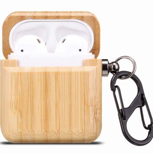 JUBECO Handmade Natural Wooden Protective Case for Airpods 1 & 2 (Bamboo)