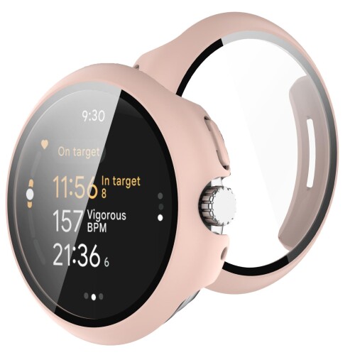 BUITFOU For Google Pixel Watch 3 カバー 45MM Pixel Watch 3 45MM カバー 超薄型 PC+ガラス素材 一体型 Pixel Watch 3 ケース対応 全面保護 超薄型 装着簡単 耐衝撃 高透過率 指紋防止 傷防止（45MM,ピンク）