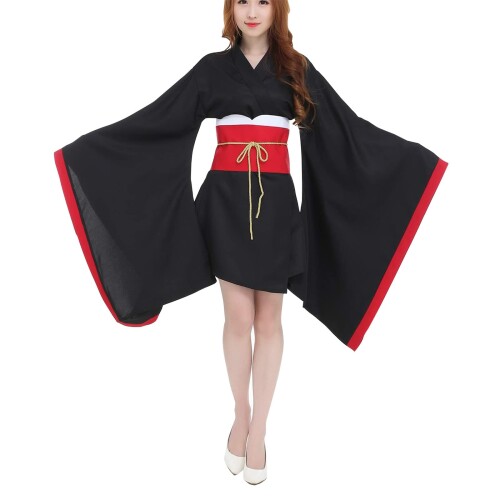 (LanBuff) 巫女服 コスチューム コスプレ 蝶結び レディース ゆったり 可愛い 和服 和風 ハロウィン 神社巫女 仮装 学園祭 衣装 白 赤 (XL, ブラック)
