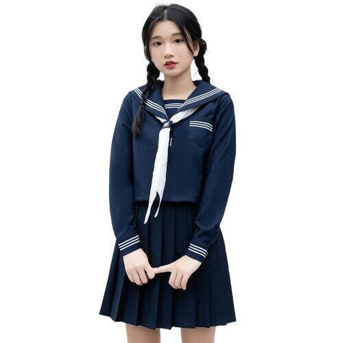 (YAISHN) セーラー服 ハロウィン コスプレ 制服 長袖 プリーツスカート 金魚結び 紺色 ネイビー 上下セット ポケット 女子制服 本格制服 JK 高校生 清楚系 文化祭 卒業式 学?歳 入学式 清純