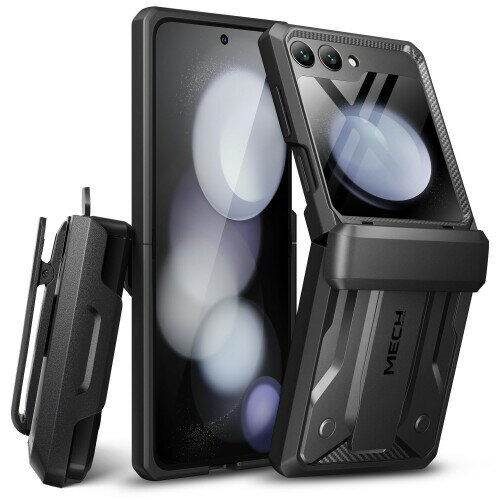 Tongate Samsung Galaxy Z Flip 5 ケース（2023） ［ヒンジ保護］［外画面保護器と隠し脚を内蔵］軍用級防振携帯ケース ベルトクリップ ブラック