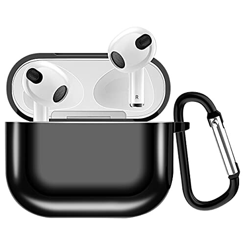 GOCROWEEN for Airpods3 ケース エアーポッズカバー 保護ケース ソフト TPU素材 メッキ仕上げ 耐衝撃 前のLEDライトが見える 装着充電可能 カラビナ付き 落下防止 携帯便利 (ブラック)