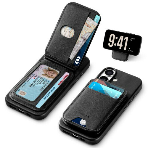TUCCH iPhone16 対応 ケース PUレザー 折畳式カードケース付き あいふぉん16カバー 背面カード収納 軽量 薄型 取り外し可能 磁気吸着 ワイヤレス充電 (RFIDブロッキング) 横置きスタンド機能 PU