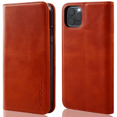 VISOUL iPhone11Pro Maxケース 手帳型 本革 アイフォン11Pro Max レザーケース 手帳カバー スマホケース カード入れ 耐衝撃 携帯ケース マグネット 横置き ブック型 6.5インチ (オレンジ)