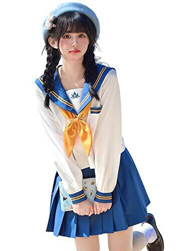 (YAISHN) セーラー服 本格制服 長袖 コスプレ 制服 プリーツスカート ハロウィン 仮装 金魚結び 紺色 ネイビー イエロー 上下セット 女子制服 JK 高校生 清楚系 卒業式 学?歳 入学式 清純