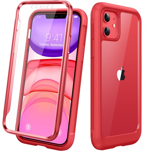 Diaclara iPhone11ケース 6.1インチ バンパーケース 画面保護フイルム付き 背面クリア PC+TPU 全面保護 両面 ケース ワイヤレス充電対応 赤