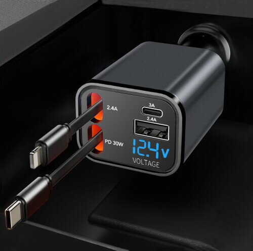CARXtruck 巻き取り式充電ケーブル 車 充電器 シガーソケット 4台同時充電可能 LED表示電圧 急速充電 スマホ iphone/iPad/Galaxy/AQUOS/Xperia対応 12V-24V車対応 カー用品 車用品 出張 旅行