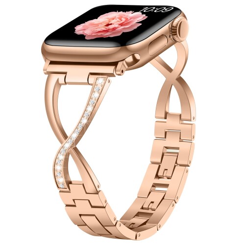 Sixmoat メタル女性向けバンドコンパチブル Apple Watch バンド 38mm 40mm 41mm 42mm 44mm 45mm 46mm 49mm サイズ、キラキラドレッシー X字型 交換用ブレスレットiWatch Ultra SE シリーズ 11 10 9 8 7 6 5 4 3対応 (