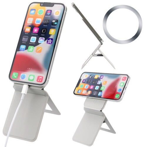 ふっと楽 卓上スマホスタンド 角度調整 薄型 自撮り 動画視聴 折り畳み 回転 マグネット吸着 (グレー)
