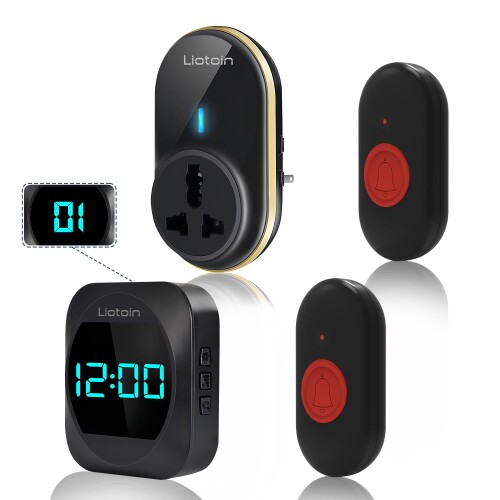 LIOTOIN ワイヤレス 玄関チャイム 家庭用 防水ワイヤレスドアベル 取り付け簡単 動作範囲 300m (外部ソケット受信機 1 個 + 時間と番号を表示する受信機 1 個 + 防水ドアベルボタン 2 個)