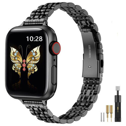 Apple の腕時計のバンドと互換性がある MioHHR の細いバンド 42 の mm 44 の mm 45 の女性の iWatch のバンド シリーズ 8 7 6 5 4 3 2 1 SE のための薄いステンレス鋼の金属の鎖の革紐、黒