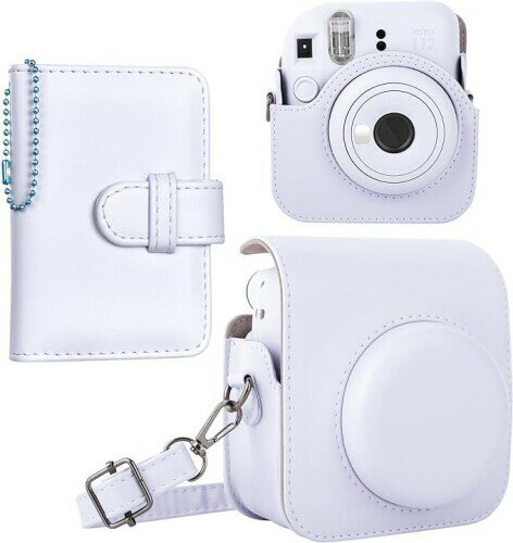 HIYQIN チェキケース instax mini 12ケース,Fujifilm チェキ12ケース と28枚写真入れアルバム付き2点セット チェキ mini 12カメラケース ショルダーストラップ付き PUレザー - ホワイト