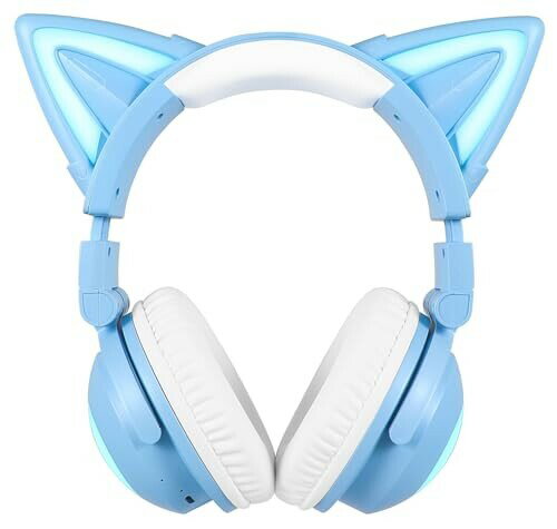NEW LED付き ネコ耳ヘッドフォン 12色 自由変換 無線 Bluetooth5.0 Wireless Cat Ear Headphones (Color Changing) (Blue)