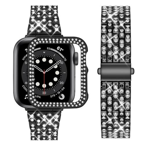 楽天まばし商店wutwuk キラキラ コンパチブルApple Watch バンド 38/40/41/42/44/45mm PCケース付 ジュエリー メタル交換バンド iWatch SE SE2 9/8/7/6/5/4/3/2/1対応 レデース オシャレ リストバンド ブレスレット 42mm ブラ