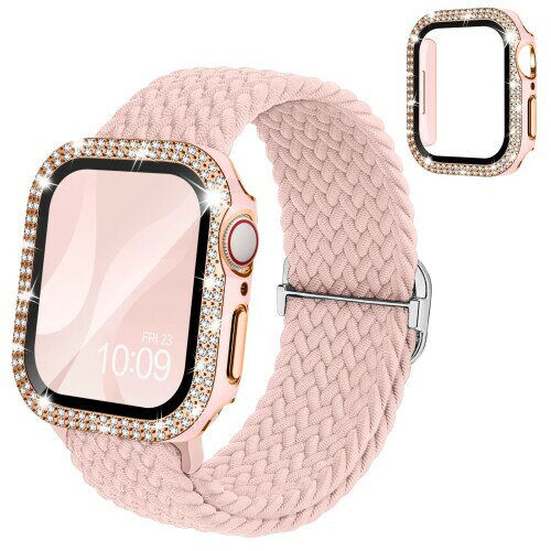 (Missair) コンパチブル Apple Watch バンド ナイロン アップルウォッチ バンド 編み込み ゴム キラキラ カバー付き ダイヤモンド 互換用のApple Watch ベルトとケース 一体型 全面保護 オシャレ