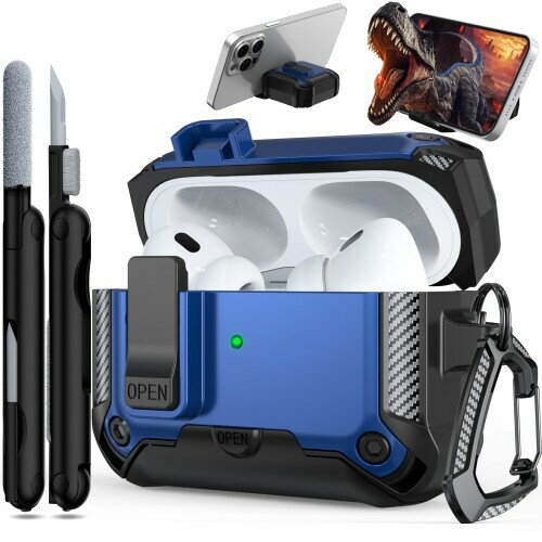 RFUNGUANGO Airpods Pro 1/2 ケース、AirPods Pro 第2世代ケース対応、クリーニングキット付き、電話ホルダー機能付き - ブルー