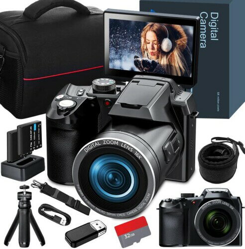 Mo 写真用 64MPデジタルカメラ YouTube用4K Vloggingカメラ 3 フリップスクリーン 16Xデジタルズーム WIFI＆オートフォーカス カメラマイク＆三脚 2バッテリー 32GB TFカード