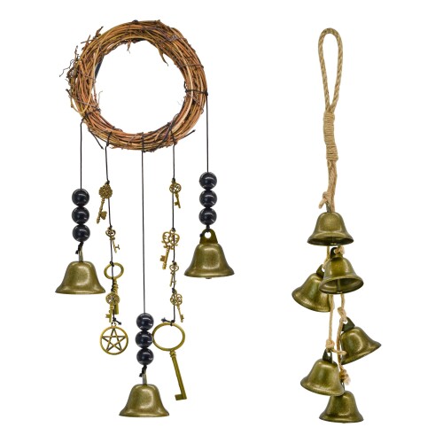 MrMrKura 魔女の風鈴 2個セット 風鈴 アンティーク 2種類 風鈴 吊り下げベル ドアベル 魔女の鐘 ウィンドチャイム 藤リング 金属製 手作り ホーム...