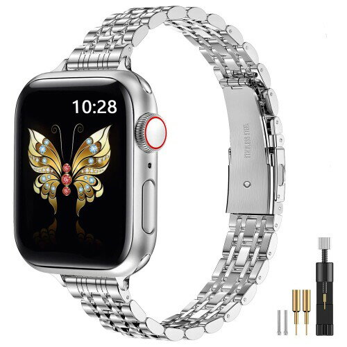 Apple の腕時計のバンド 42 の mm 44 の mm 45 の mm と互換性がある MioHHR の細いバンド女性 iWatch のバンド シリーズ 8 7 6 5 4 3 2 1 SE のための薄いステンレス鋼の金属の鎖の革紐、シルバー