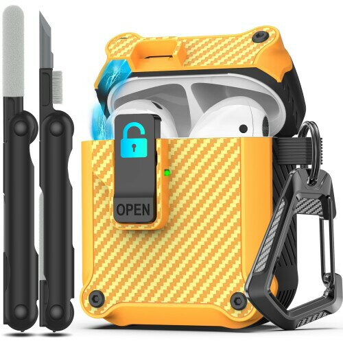 RFUNGUANGO Airpods 第 2 世代および第 1 世代保護ケース 安全ロッククリップ付き自動ポップアップ、キーチェーン付きフルボディ耐衝撃ハードケース (無料クリーニングツール) - イエロー